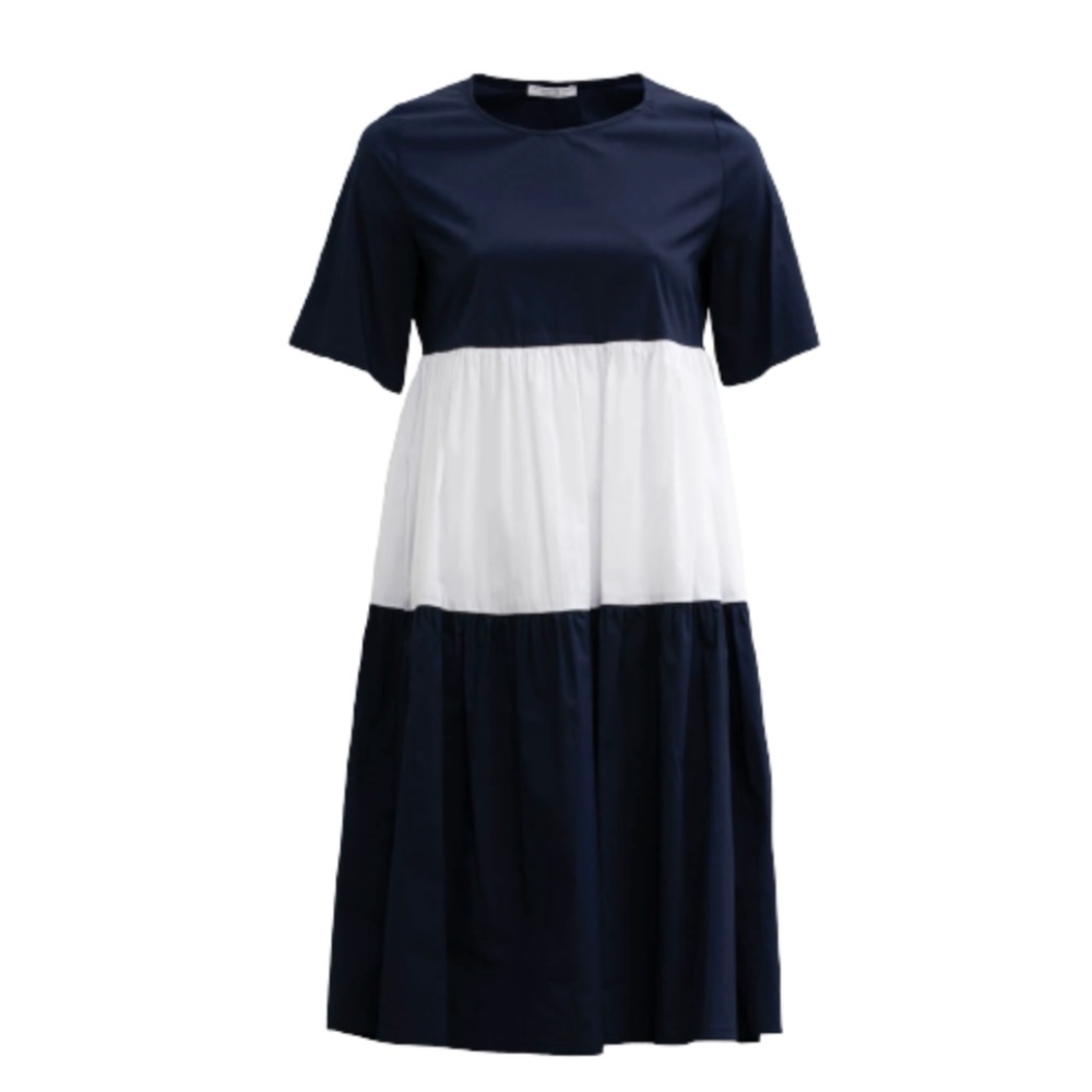 Hubert Gasser Babydoll Colorblock Dress Womens 42 Medium Navy Blue White Stripe